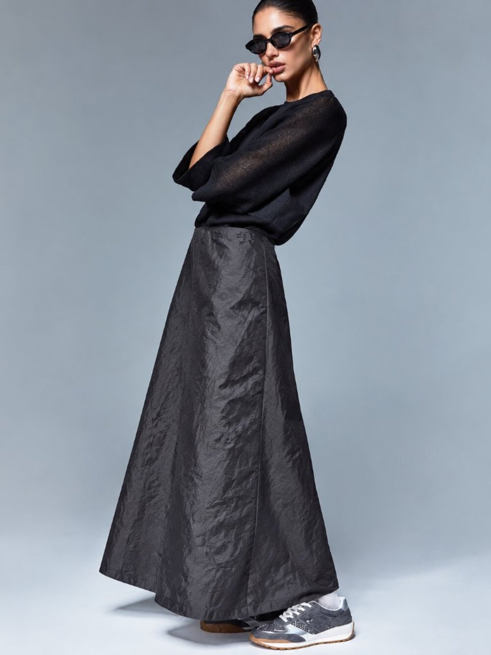 Vintage Crinkle Black Acetate Maxi Skirt Fall Dark Romance Minimalist